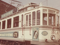 Triebwagen 35 im Betriebshof Saarbrücken mir "4711-Werbung", 1949